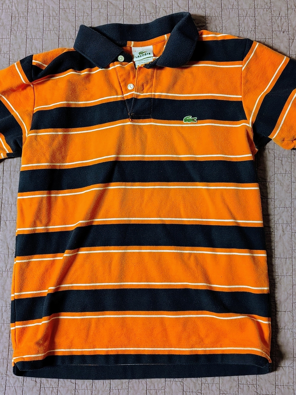 ​Lacoste Men's Orange Navy Striped Short Sleeve Polo Shirt Size 5 / Medium